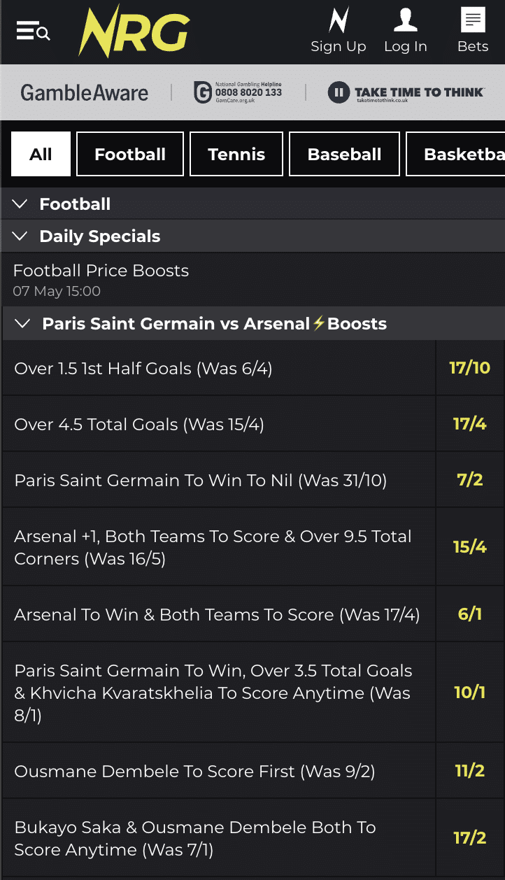 NRG Bet price boosts promo